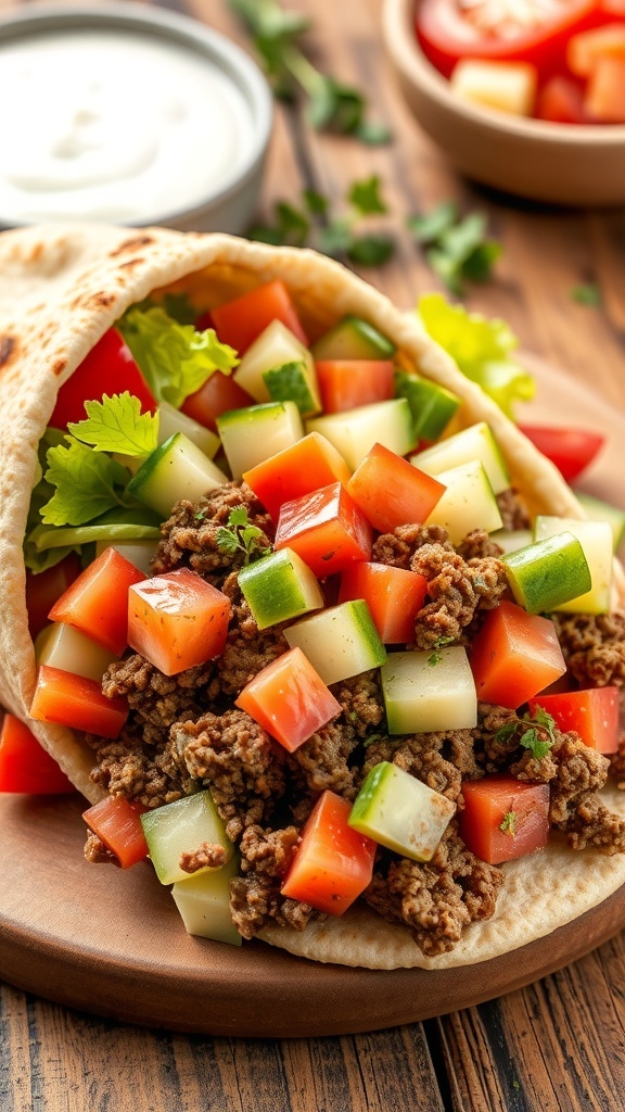 Stuffed Pita Bread with Ground Beef Stuffed pita bread with ground beef, lettuce, tomatoes, and cucumbers on a wooden table with tzatziki sauce.